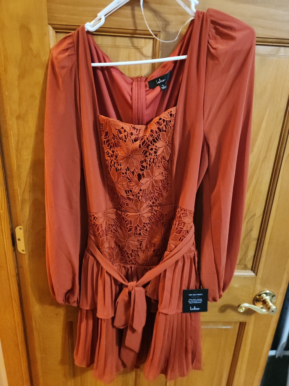Lulu's Burnt Orange Long-Sleeve Lace Front Mini Dress